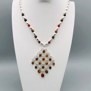 Lauren Conrad Statement Necklace Multi Color Beaded Silver Tone Filigree Pendant